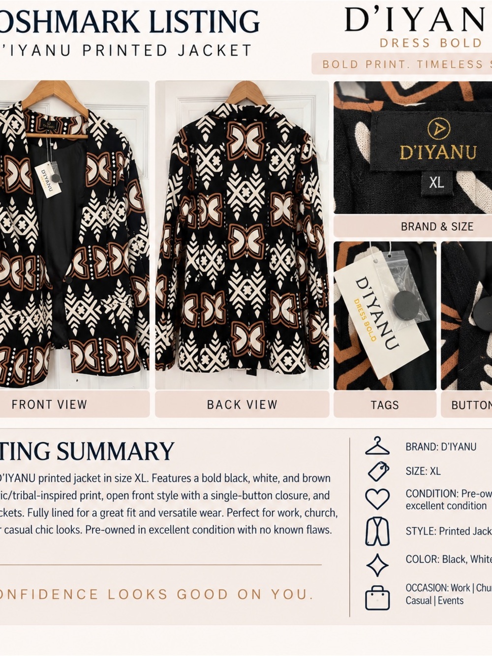 D'iyanu Black & Brown Printed Blazer - Open Front Single-Button